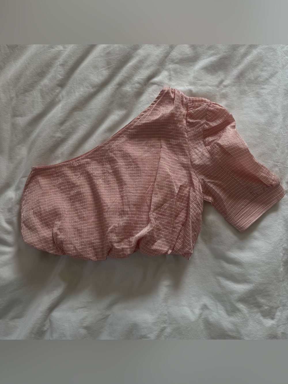 En Saison One Shoulder Top Pink Puff Sleeve Bubble cropped Women's Medium